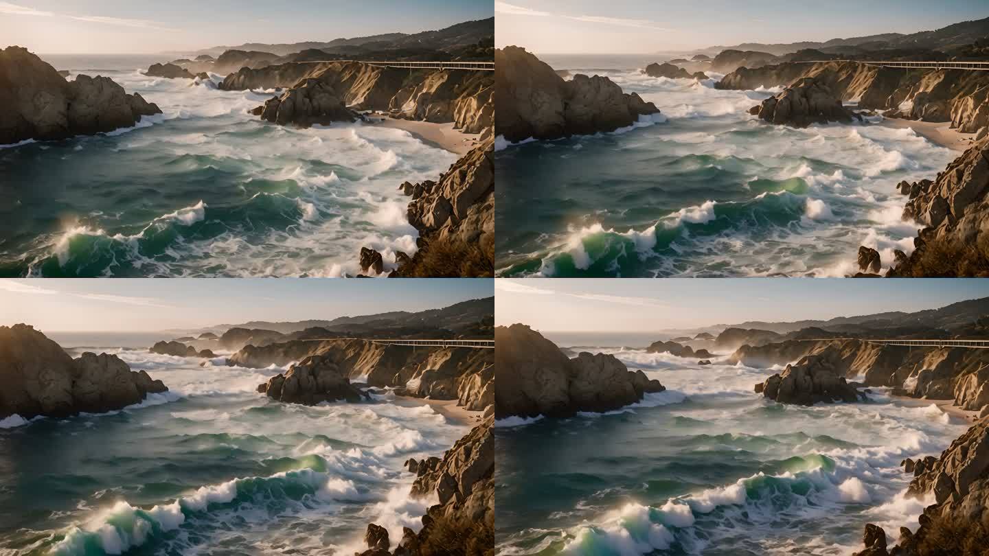 4K大海海浪浪花海岸线岩石悬崖