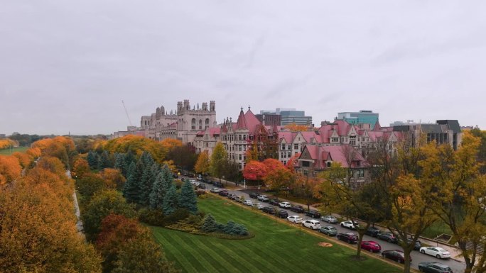 芝加哥大学秋天的电影航拍镜头