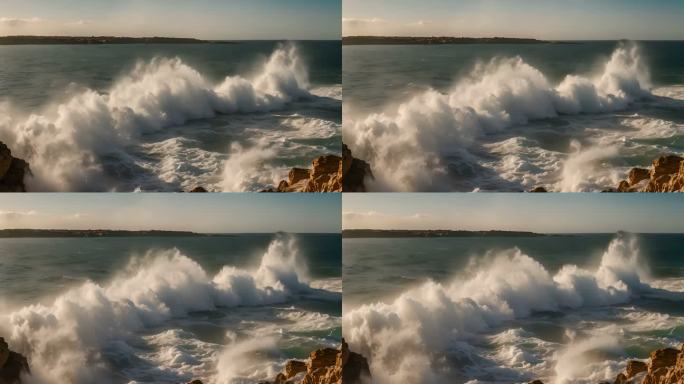 4K大海海浪浪花海岸线岩石悬崖