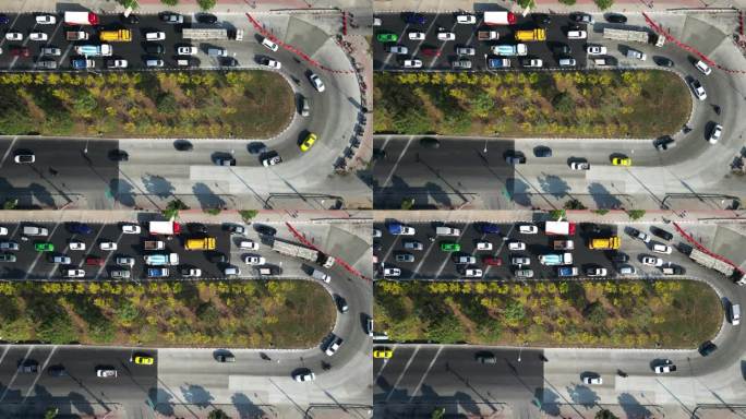 鸟瞰图U型转弯-汽车和卡车在高速公路上行驶