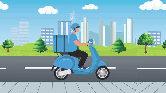 在城市街道动画中，送货员驾驶摩托车。摩托车快递员在线快速配送服务理念。