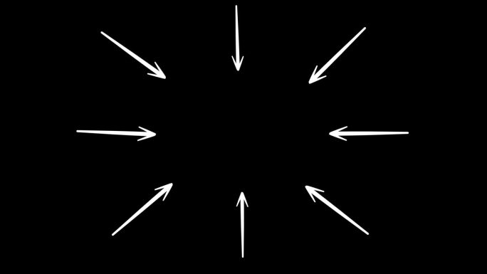 指向黑色背景中间或中心的一组箭头。手绘箭头动画。α