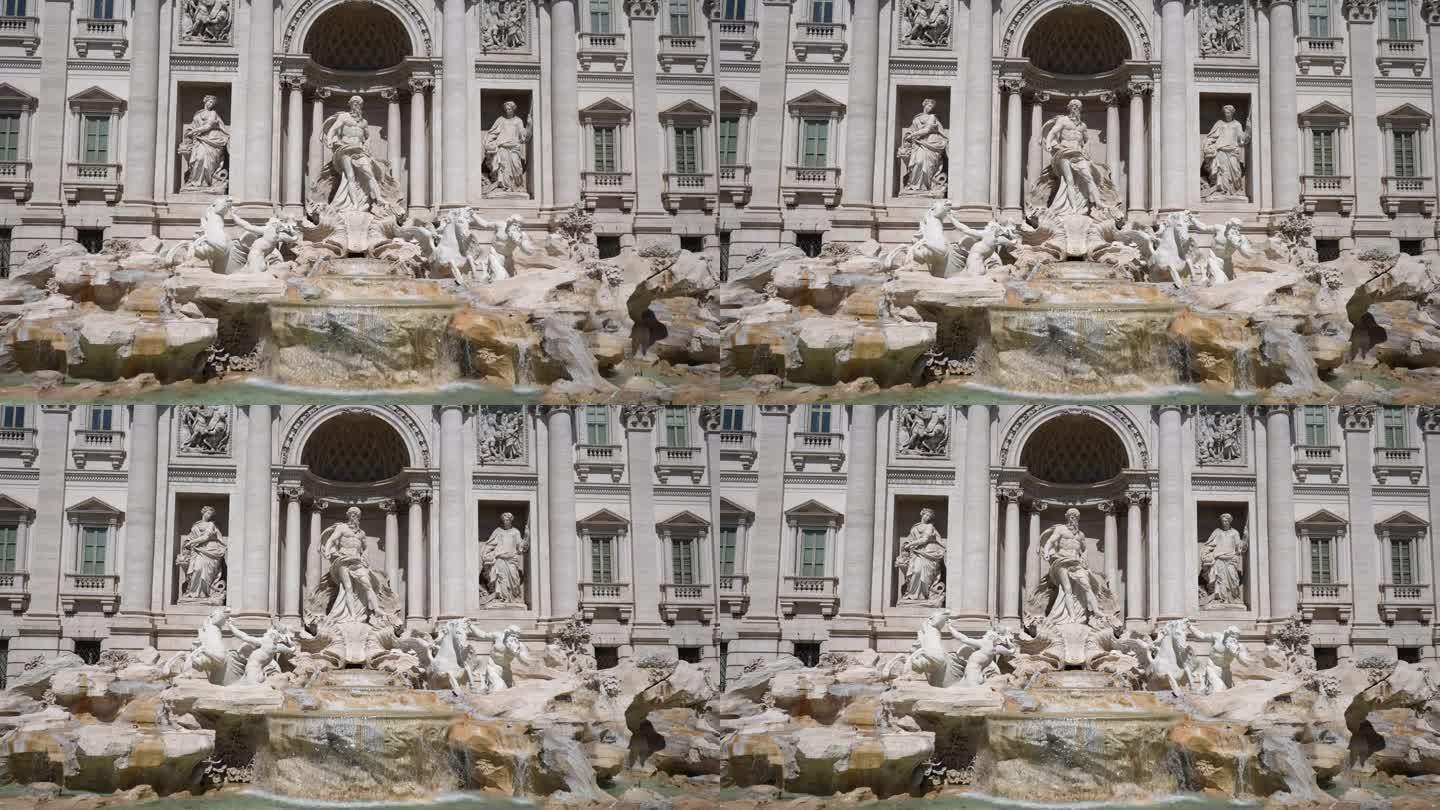 阳光明媚的日子里，特莱维喷泉和雕塑建筑，古老的巴洛克式建筑的帕拉佐宫。