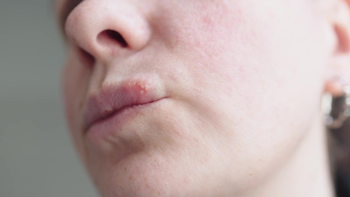 女性唇部有单纯疱疹病毒感染，唇部皮肤有大量水疱