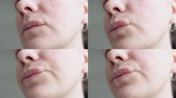 女性唇部有单纯疱疹病毒感染，唇部皮肤有大量水疱