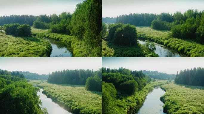 森林里蜿蜒狭窄的河流，两岸绿油油的草甸、沙洲、天空倒映在水面上。夏季，气候温和。