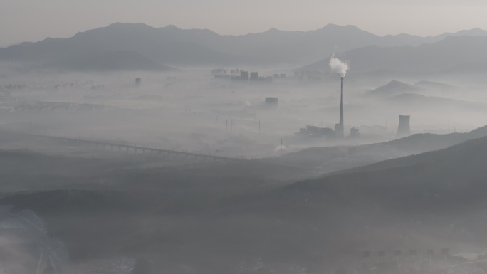 航拍威海市环翠区张村镇里口山平流雾热电厂