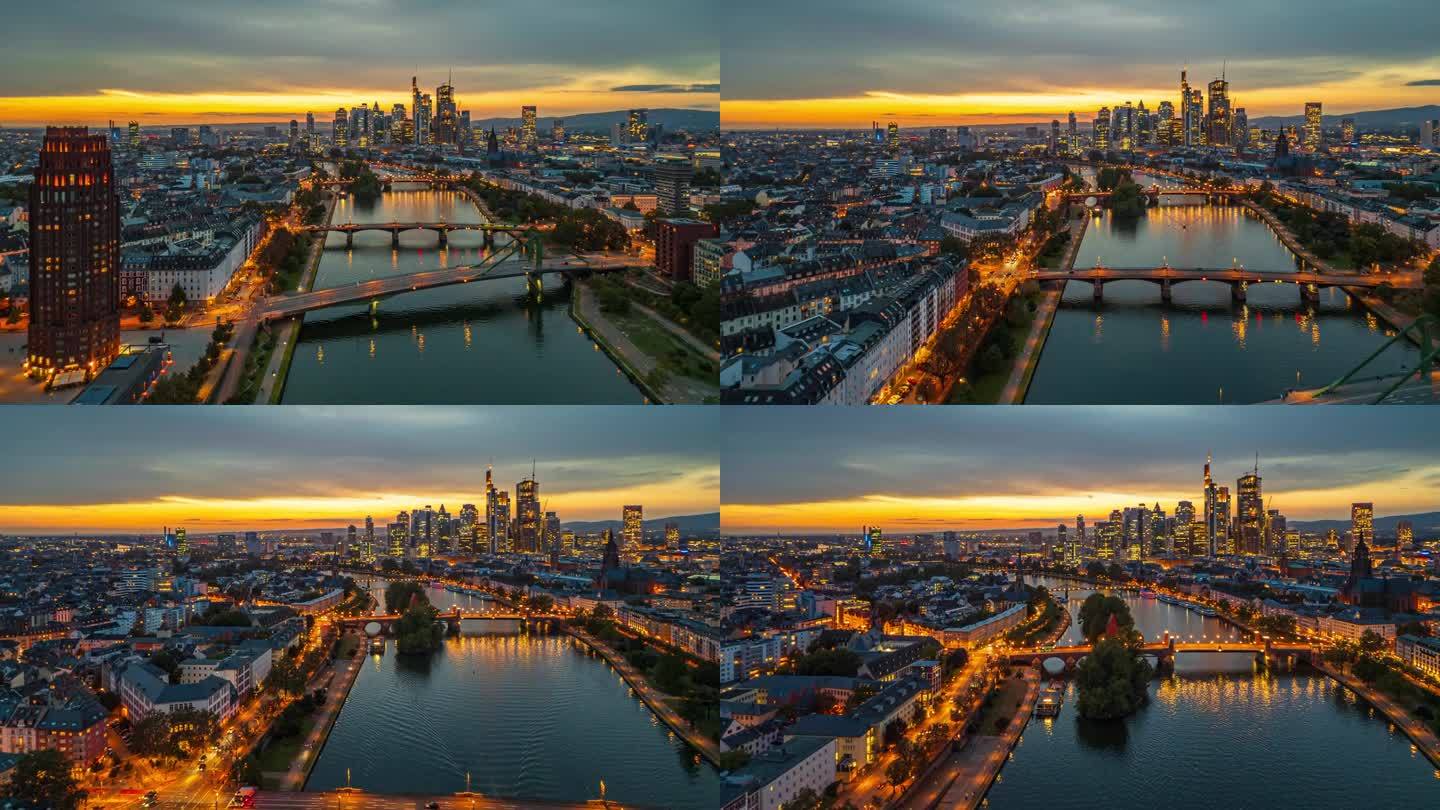 鸟瞰图:德国，日落时分，法兰克福和美因天际线，美因河和现代金融大楼和摩天大楼