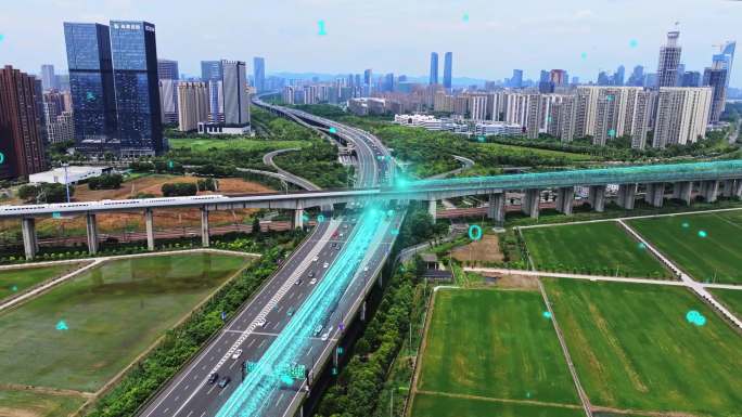航拍杭州城市建筑机场高速高铁行驶科技粒子