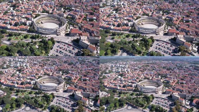 在一个阳光明媚的日子里，克罗地亚普拉竞技场和普拉城市景观的无人机上升镜头