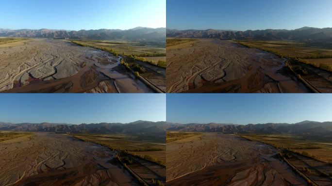 航拍大西北青海省德令哈戈壁河流丹霞