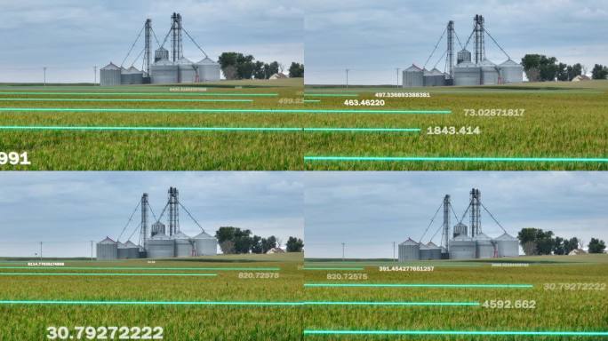 农业筒仓和农田覆盖了数据指标，代表了智能农业技术。玉米田的流苏和玉米仓的鸟瞰图与3D特效。