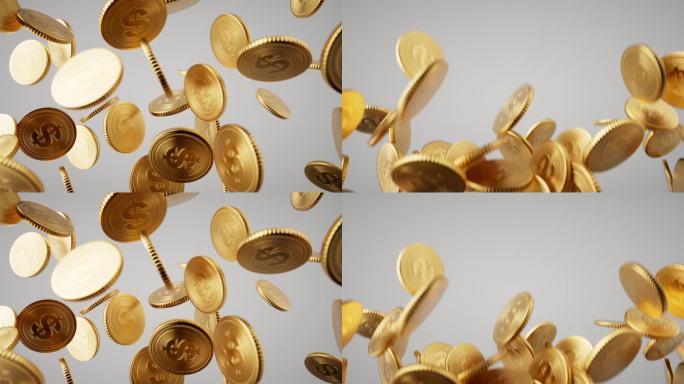 抽象银行背景。金币在慢动作中上下跳动。循环3d动画
