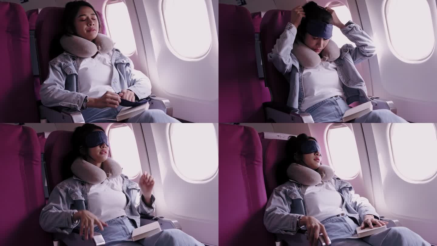 亚洲女性游客在休息日去度假时看书、蒙住眼睛避光、小睡一会儿。为了方便，她乘飞机旅行。