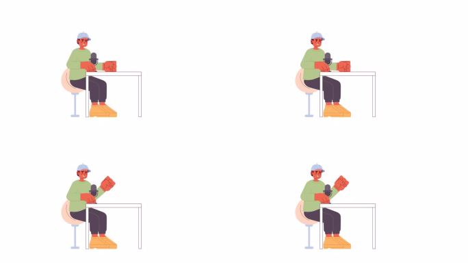 棒球帽男子对着麦克风讲话的2D人物动画