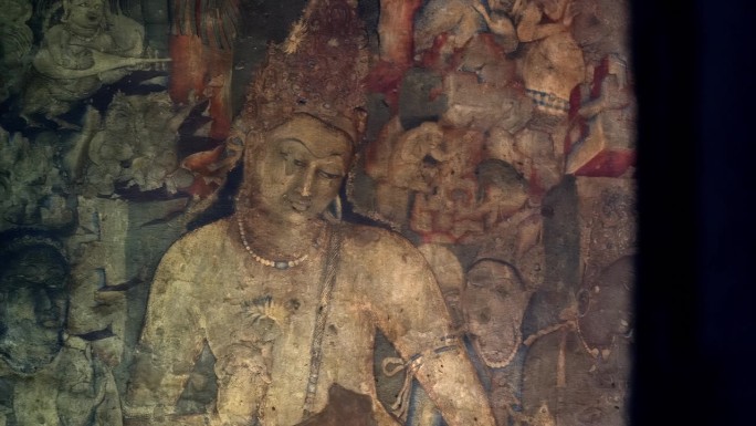 印度马哈拉施特拉邦阿旃陀石窟的古佛教绘画《莲花菩萨图》