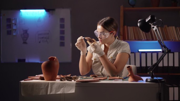 女考古学家在办公室工作到深夜，研究古代器物古代粘土花瓶作为古代文明的一部分
