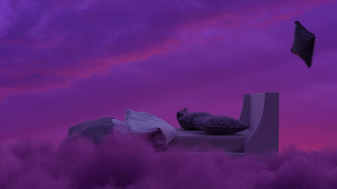 飞行的床和靠垫在蓬松的紫色云层上