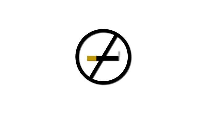 禁止吸烟的标志，在黑色的圆圈和斜杠动画在白色的背景上的香烟。