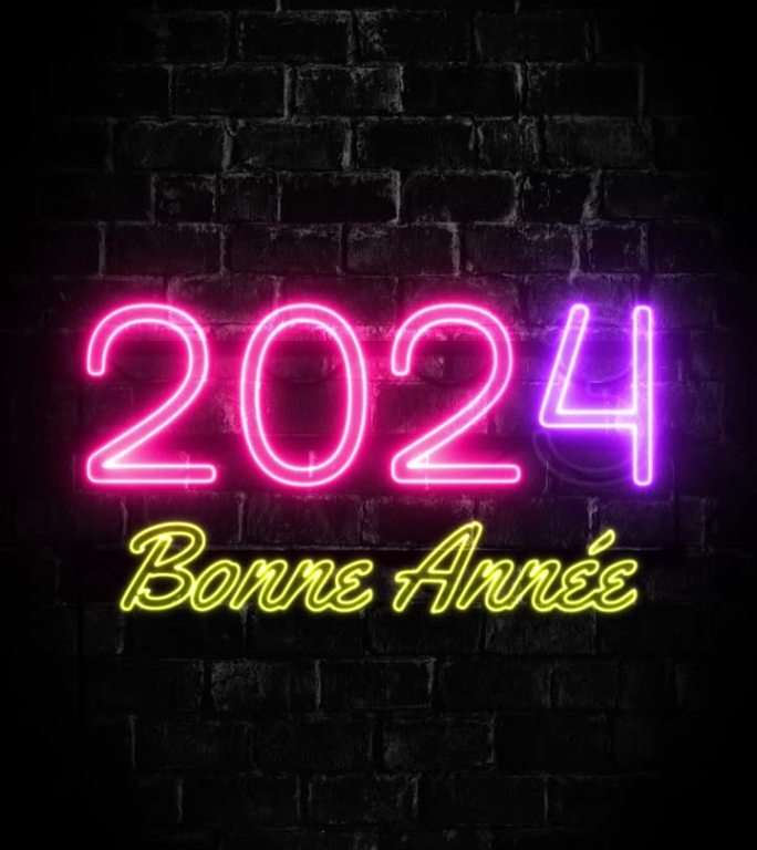 2024年波恩奥运会。祝2024年法国新年快乐。砖墙背景上的霓虹字母。五颜六色的明亮闪烁的灯光。垂直