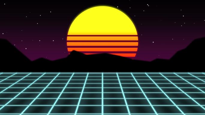 复古电脑屏幕与日落背景和视频游戏的共鸣