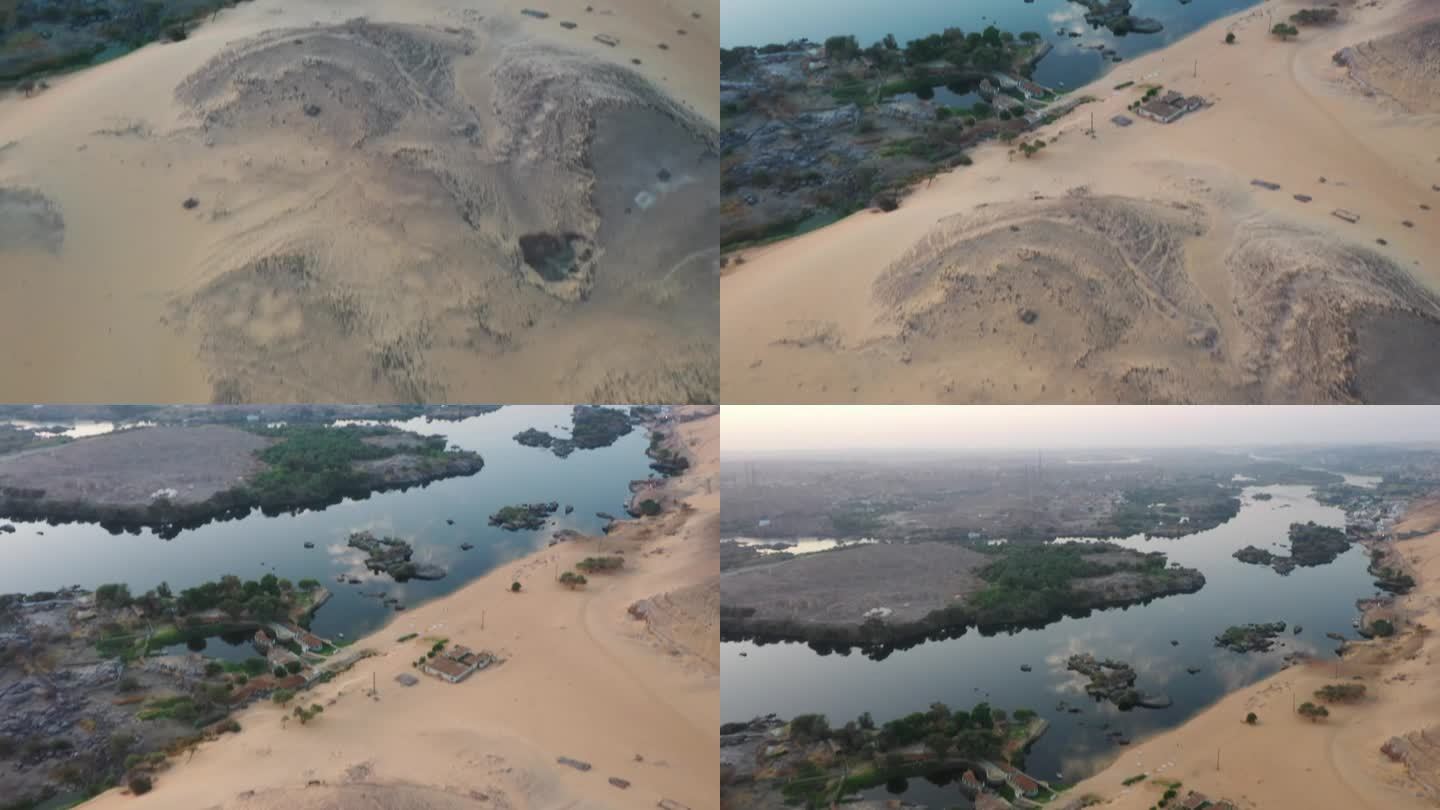 罕见的电影航拍揭示沙丘进入尼罗河，阿斯旺，埃及