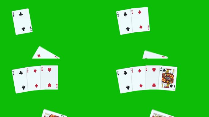 一个扑克手组成的满屋2，用绿屏上的3D动画一张一张的扔牌，扑克动画，发牌扑克动画。赢牌组合