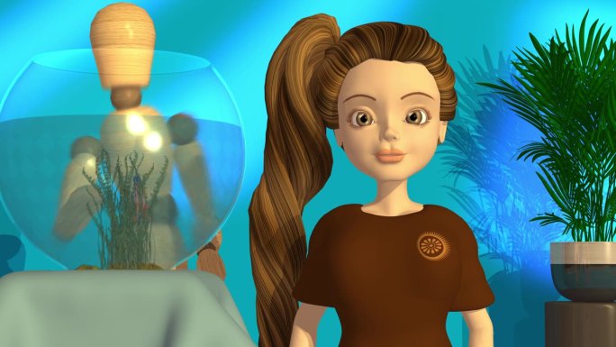 3d动画，一个卡通人物与木偶说话，蓝色背景的罐子或容器上有一条鱼