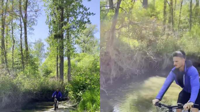 一个骑山地车的人骑着电动自行车，在一条浅河里溅起水花