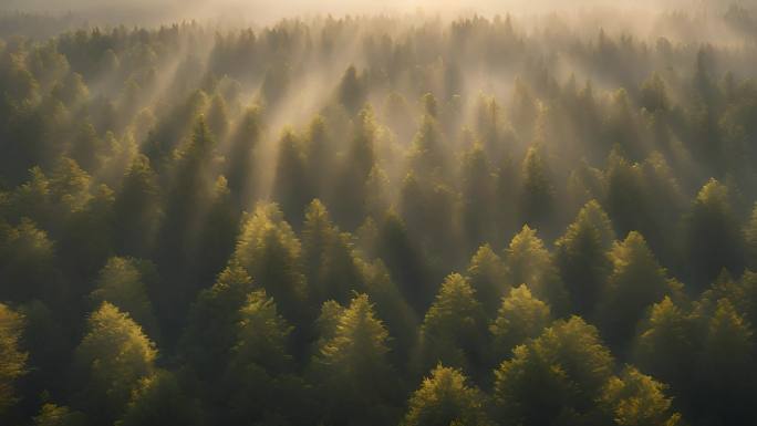 森林光影森林晨雾唯美阳光树林丁达尔