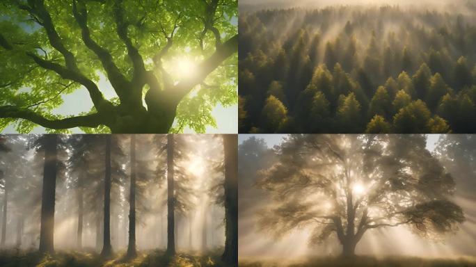 森林光影森林晨雾唯美阳光树林丁达尔