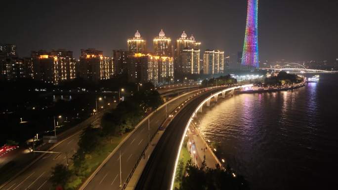 广州海珠区阅江西路夜晚夜景航拍广州塔小蛮