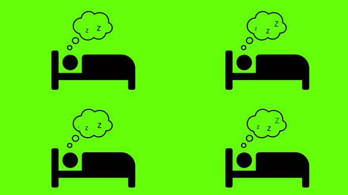 睡觉的人在床上图标动画与zzz泡沫或睡眠思想。用于睡眠网站和睡前放松。孤独的人无法入睡。绿屏或色度键