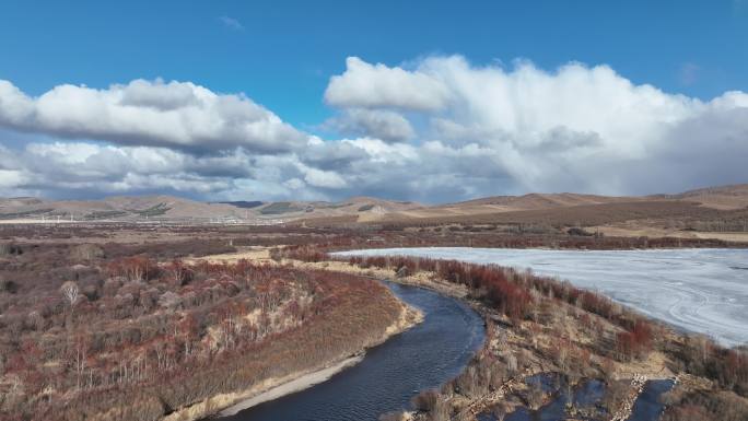 惊蛰时节的大兴安岭冰雪消融湿地河流红柳