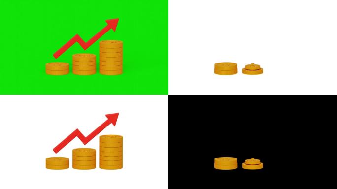 3D硬币堆栈与红色上升箭头在绿色屏幕上。股市上涨。投资、利润和财务增长理念。4k 3d动画