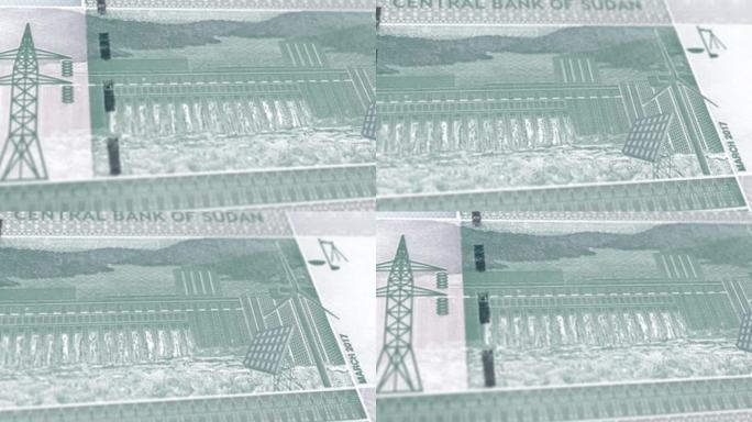 苏丹苏丹镑5钞票，五苏丹镑，苏丹镑的特写和宏观视图，跟踪和多莉拍摄5苏丹镑钞票观察和储备方面，苏丹镑