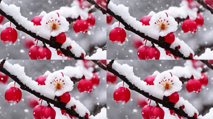 雪景 下雪 暴雪 空镜 雪中梅花盛开