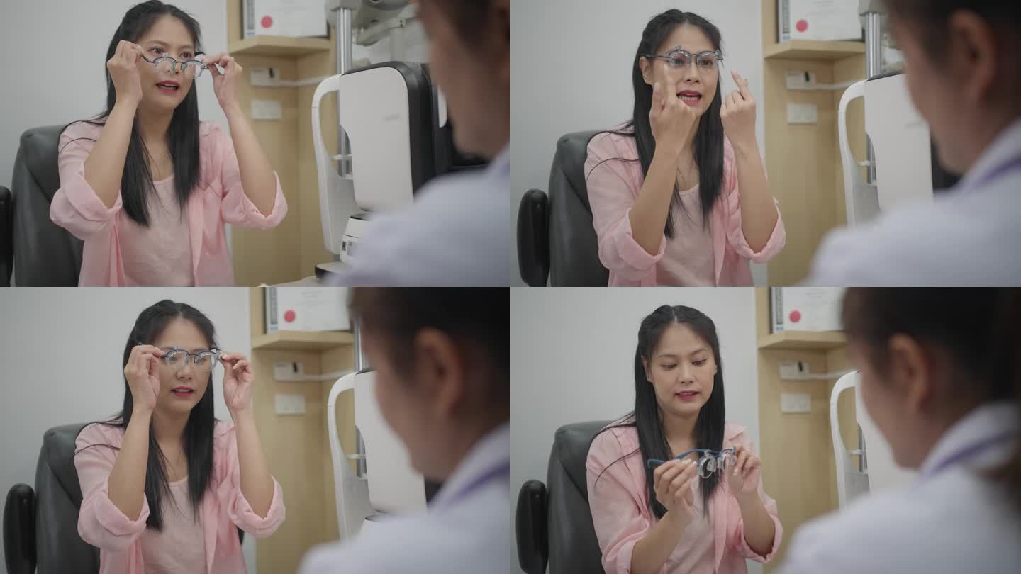 一位年轻的亚洲妇女正在接受眼科检查，并在验光师为她准备的可调节试镜架上试镜