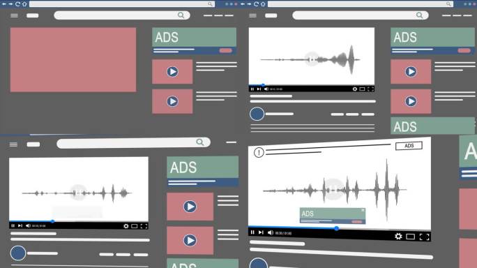 社交视频网站动画中的广告。视频网页界面显示视频播放器和活跃的广告横幅。声波视频播放。网络视频创作与广