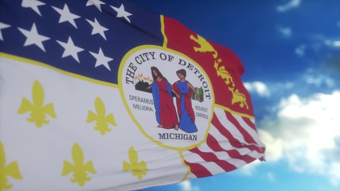 底特律市旗，美国或美利坚合众国的城市，在蓝天上迎风飘扬