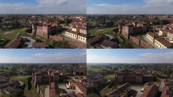 Rocca Sforzesca di Soncino，克雷莫纳，意大利，正午，秋天，无人机。轨道右全