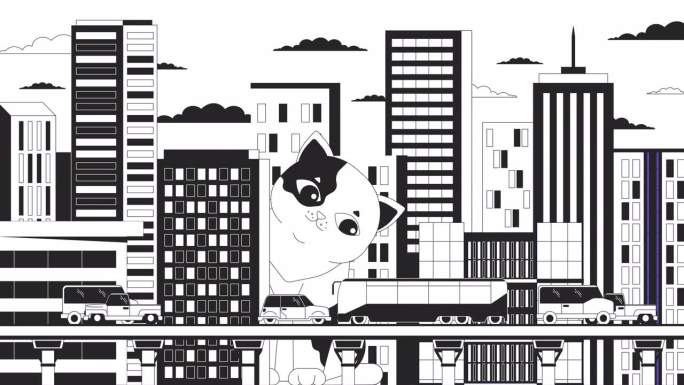 巨型猫在城市高速公路上观看bw轮廓2D动画