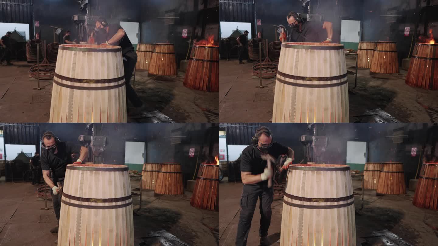 在雪利酒窖里，主库珀用锤子调整酒桶的金属带，使酒桶烘烤