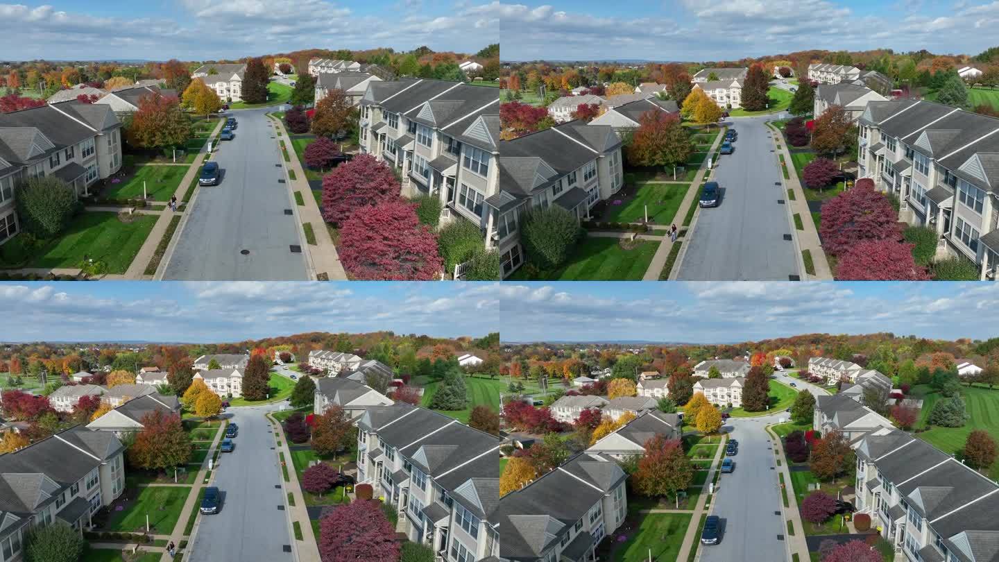 秋天的美国郊区。秋季房屋开发中的联排别墅和住宅的航拍照片。
