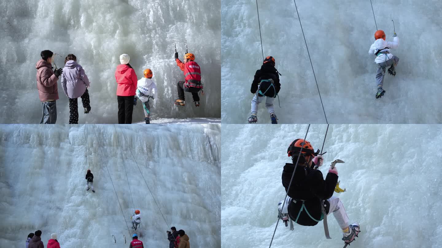 孩子们在练习攀冰大冰瀑冬天户外运动