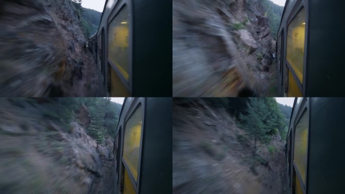 黎明时分，旅客列车在美丽的山林中行驶