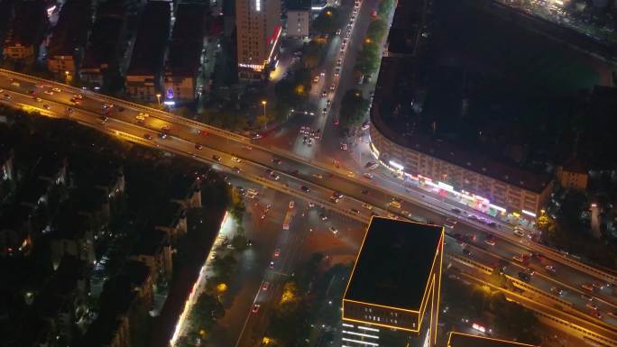 长沙夜景夜晚立交桥车流交通航拍车辆岳麓区