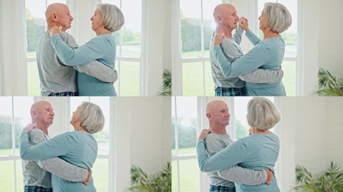 爱，老人夫妇在家跳舞，退休后一起照顾和联系。高级男人，女人和移动音乐，庆祝浪漫的周年纪念日和微笑健康