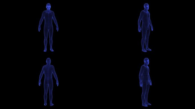 男性线框透明推背景人体皮肤身体头部双手DNA螺旋模型原子生物识别扫描人体数据信息图。识别技术展示医学