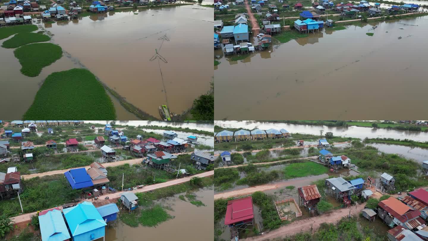 柬埔寨暹粒洞里萨湖附近的高跷房屋4K